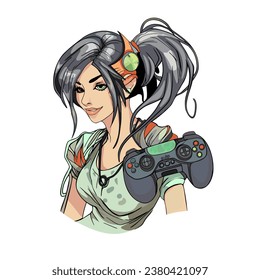 Vector Gamer girl. A beautiful and stylish girl with a remote control. Logo, label, print for printing Blank for designer, print, logo, label, print on print