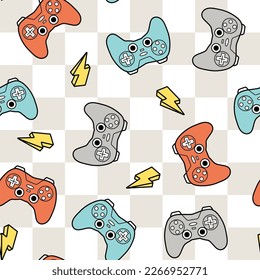 Vector gamer seamless pattern with checked background. Game controller digital download seamless pattern. Video game seamless repeat pattern.