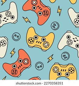 Vector gamer seamless pattern with checked background. Game controller digital download seamless pattern. Video game seamless repeat pattern.