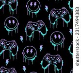 Vector gamer seamless pattern. Game controller digital download seamless pattern. Happy face and  video game seamless repeat pattern.