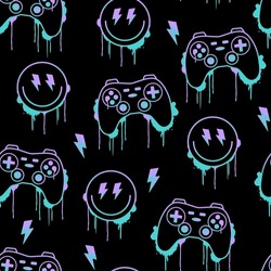 Vector Gamer Seamless Pattern. Game Controller Digital Download Seamless Pattern. Happy Face And  Video Game Seamless Repeat Pattern.