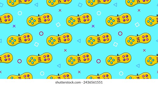 Vector gamer seamless pattern. Gamepad controller on blue background. Gaming joysticks icons in doodle style. Wallpaper, print, textile, fabric, wrapping. Computer game banner