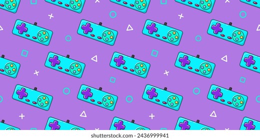 Vector gamer seamless pattern. Gamepad controller on violet background. Gaming joysticks icons in doodle style. Wallpaper, print, textile, fabric, wrapping. Computer game banner.