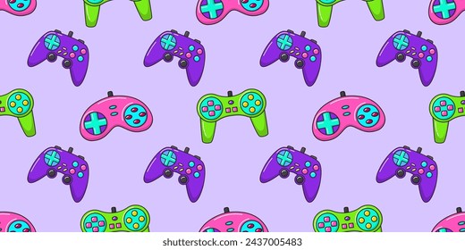 Vector gamer seamless pattern. Gamepad controller on violet background. Gaming joysticks icons in doodle style. Wallpaper, print, textile, fabric, wrapping. Computer game banner.