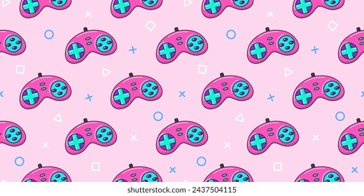 Vektor-Gamer nahtloses Muster. Gamepad-Controller auf rosa Hintergrund. Gaming-Joysticks-Symbole im Doodle-Stil. Tapeten, Druck, Textil, Stoff, Verpackung. Banner für Computerspiele