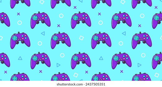 Vector gamer seamless pattern. Gamepad controller on blue background. Gaming joysticks icons in doodle style. Wallpaper, print, textile, fabric, wrapping. Computer game banner