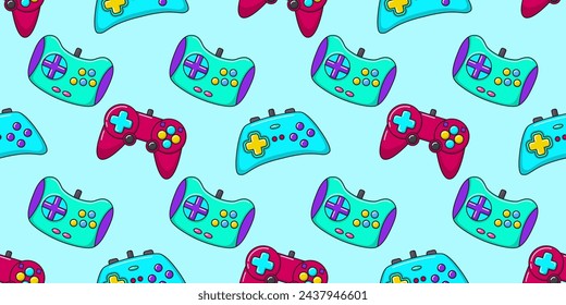 Vector gamer seamless pattern. Gamepad controller on blue background. Gaming joysticks icons in doodle style. Wallpaper, print, textile, fabric, wrapping. Computer game banner