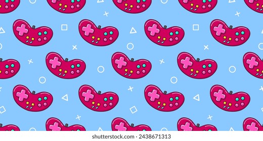 Vector gamer seamless pattern. Gamepad controller on blue background. Gaming joysticks icons in doodle style. Wallpaper, print, textile, fabric, wrapping. Computer game banner
