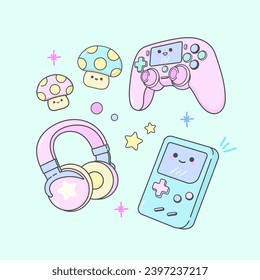 Vector games controller nintendo headset with cute facial expressions and pastel colour