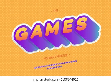 Vector games font 3d bold style trendy typography for decoration, industrial, logo, poster, t shirt, book, card, sale banner, printing on fabric. Cool 3d typeface. Moderny alphabet. 10 eps