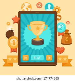 Vector gamification concept - digital device with touchscreen and game interface on it with award and achievement icons on background