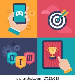 Vector gamification concepts - digital device with touchscreen and game interface on it with award and achievement icons on background