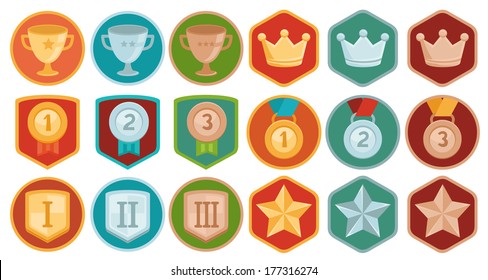 Vector Gamification Icons And Achievement Badges In Flat Trendy Style - Three Winning Places In Gold, Silver And Bronze - Cup, Medal, Shield, Crown And Star