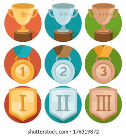 Vector gamification icons in flat trendy style - three winning places in gold, silver and bronze - cup, medal and shield