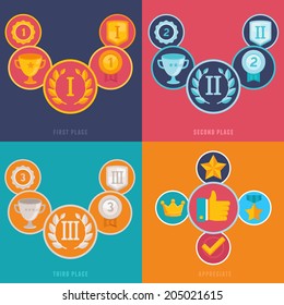 Vector Gamification Icons And Signs In Flat Style - First, Second And Third Places And Prizes - Achievement Badges