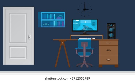 Ein Vektor von Gaming-Schreibtisch an der blauen Wand, und mit Weiß die Tür, Gaming-Setup und Simple Gaming-Setup. 