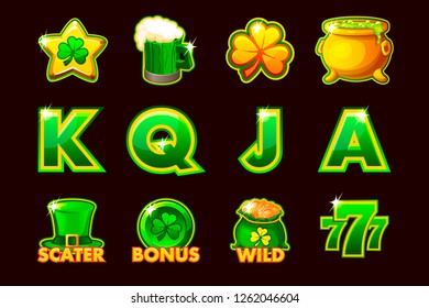 Vector Gaming icon of St.Patrick symbols for slot machines and a lottery or casino. Set 12 icons.