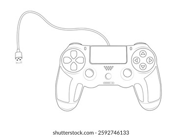 Vector gaming joy stick, game controller line art with usb cable illustration