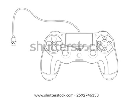 Vector gaming joy stick, game controller line art with usb cable illustration