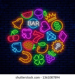 Vector gaming neon icons for casino. Signs for slot machines.