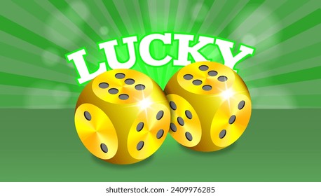 Vector gaming poster. 3D gold game cubes on a green radiant glowing background. Bokeh effect. Inscription, lucky. Double sixes came up. Casino golden dice. Winner, prize.