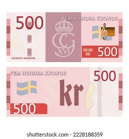 Vector gaming Scandinavian banknote. Inscriptions in Swedish mean five hundred crowns and the Swedish national bank. Obverse and reverse banknotes, flag, symbols and guilloche patterns
