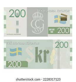 Vector gaming Scandinavian banknote. Inscriptions in Swedish mean two hundred crowns and the Swedish national bank. Obverse and reverse banknotes, flag, symbols and guilloche patterns