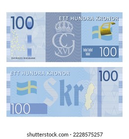 Vector gaming Scandinavian banknote. Inscriptions in Swedish mean one hundred crowns and the Swedish national bank. Obverse and reverse banknotes, flag, symbols and guilloche patterns