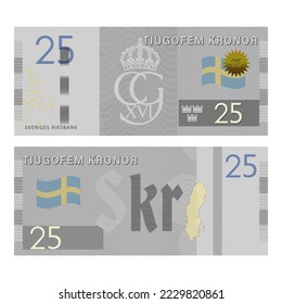 Vector gaming Scandinavian banknote. Inscriptions in Swedish mean twenty five crowns and the Swedish national bank. Obverse and reverse banknotes, flag, symbols and guilloche patterns