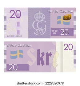 Vektor-Gaming-skandinavische Banknote. Beschreibungen in Schwedischen Durchschnitt zwanzig Kronen und die schwedische Nationalbank. Hintere und umgekehrte Banknoten, Flaggen, Symbole und Guilloche-Muster