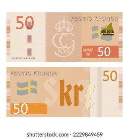 Billete escandinavo de juegos de vectores. Las inscripciones en sueco significan cincuenta coronas y el banco nacional sueco. Billetes, banderas, símbolos y patrones de guillosia invisibles e inversos