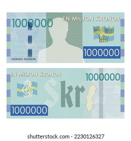 Vector gaming Scandinavian banknote. Inscriptions in Swedish mean one million crowns and the Swedish national bank. Obverse and reverse banknotes, flag, symbols and guilloche patterns