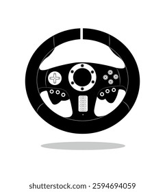 Vector gaming steering wheel, joystick car race, video game accessory, playing buttons illustration