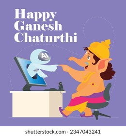 vector of Ganesh playing with AI chatbot