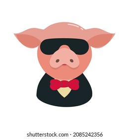 Vector of gangsta pig wearing a black suit, a red bow tie, and a black sunglasses.
