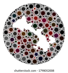 Vector Gansu Province map mosaic of coronavirus. Infection attacks the quarantine territory from external zone. Hole circle Gansu Province map collage formed with infection elements.