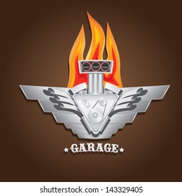 vector garage label with engine. Vector automotive, motorcycle badge. Signs and labels.