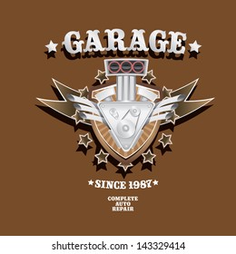 vector garage label with engine. Vector automotive, motorcycle badge. Signs and labels.