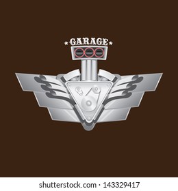 vector garage label with engine. Vector automotive, motorcycle badge. Signs and labels.