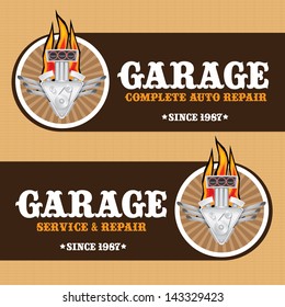 vector garage label with engine. Vector automotive, motorcycle badge. Signs and labels.