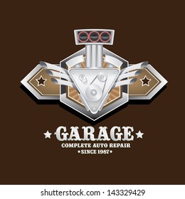 vector garage label with engine. Vector automotive, motorcycle badge. Signs and labels.
