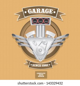vector garage label with engine. Vector automotive, motorcycle badge. Signs and labels.