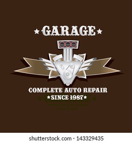 vector garage label with engine. Vector automotive, motorcycle badge. Signs and labels.