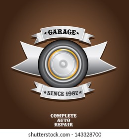 vector garage label with wheel. Vector automotive, motorcycle badge. Signs and labels.