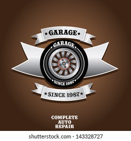 vector garage label with wheel. Vector automotive, motorcycle badge. Signs and labels.