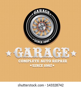 vector garage label with wheel. Vector automotive, motorcycle badge. Signs and labels.