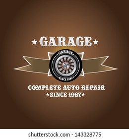 vector garage label with wheel. Vector automotive, motorcycle badge. Signs and labels.