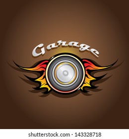 vector garage label with wheel and fire. Vector automotive, motorcycle badge. Signs and labels.