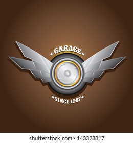 vector garage label with wheel and wings. Vector automotive, motorcycle badge. Signs and labels.