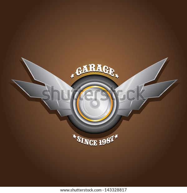 vector garage label with wheel\
and wings. Vector automotive, motorcycle badge. Signs and\
labels.
